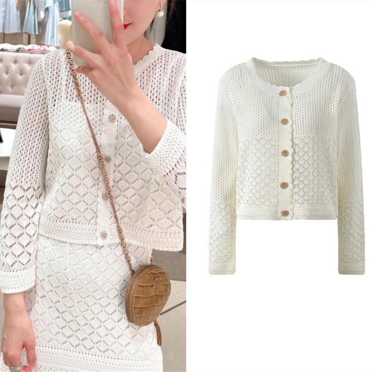 

Высококачественное вязаное длинное пальто Sve с круглым вырезом Ne Pearl Button Sweet Sle Light Quanti Stoinette Coat