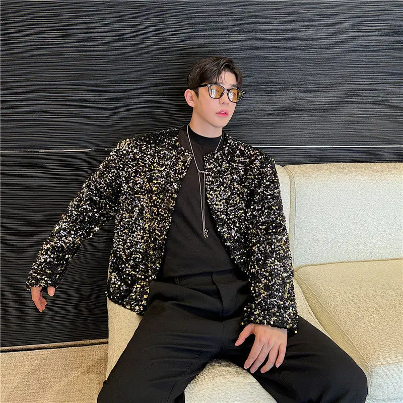 Mens Collarless Sequin Cropped Jacket Statement Stage Performance Outerwear Designed for Acts and Show Costume Styling