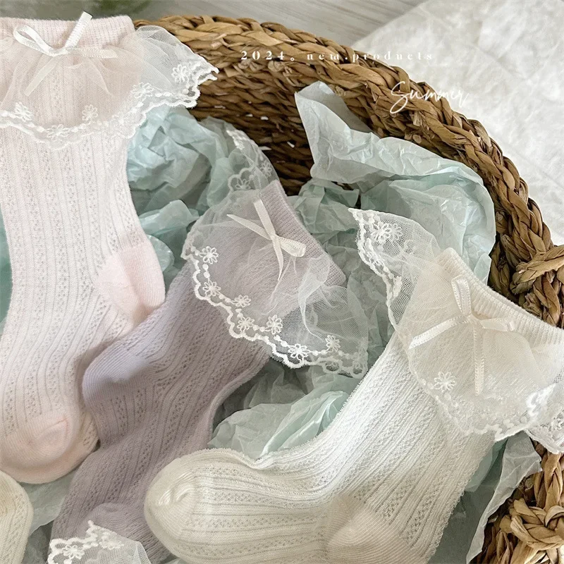 Summer Sweet Princess Sock for Kids Girl Fashion Solid Color Ruffle Bow Calf Sock Baby Thin Breathable Soft Cotton Sock