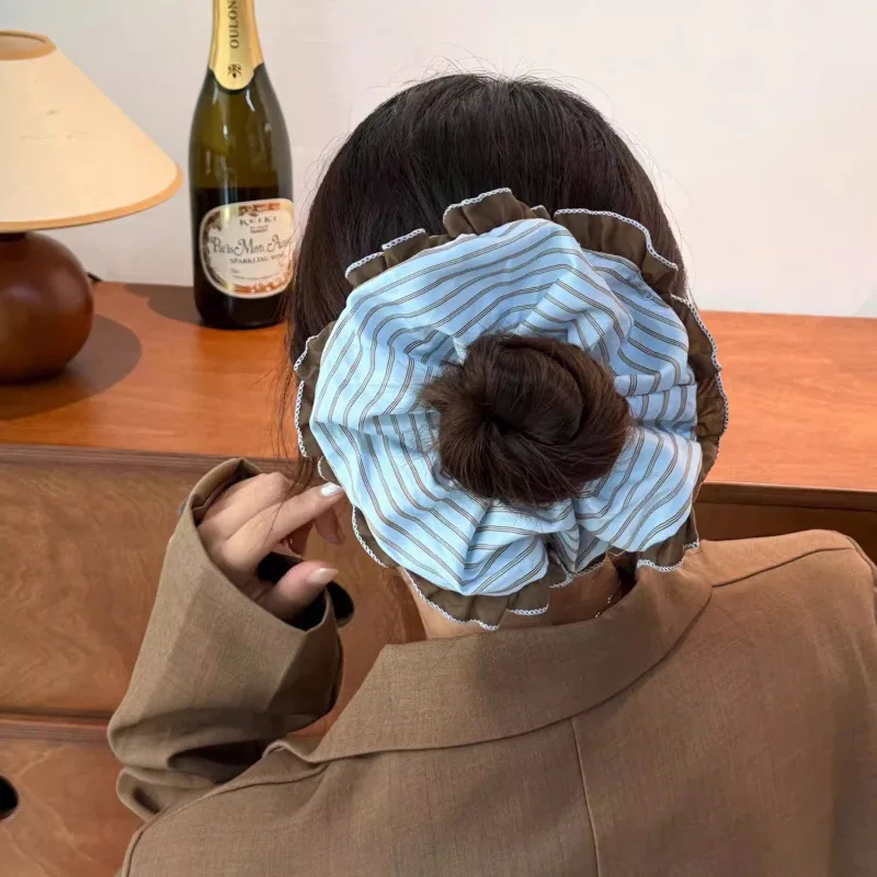 

1 шт. Большая резинка для волос с контрастной отделкой, кофейно-синяя, в винтажном стиле, высокоэластичная, для женщин, для высоких хвостов и пучков