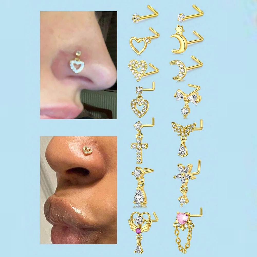 20G Nose Rings Stud, Stainless Steel L Shape Dangling Nose Piercing Jewelry, Flower Butterfly Moon Star CZ Cute Nose Piercing