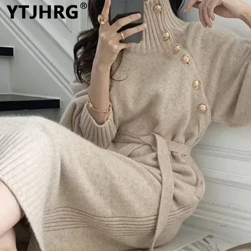 YTJHRG Women\'s Knitting Dresses Turtleneck Party Sweaters Long Sleeve Female Clothing 2024 New Autumn Winter Skirts Pullovers