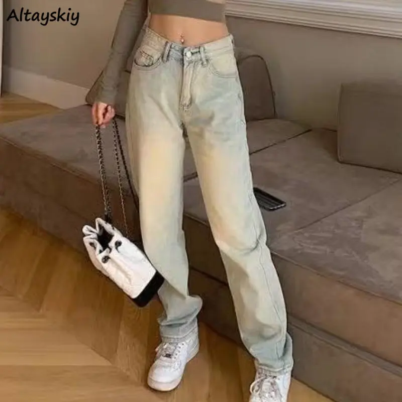 

Straight Jeans Women Bleached Vintage High Waist All-match Students Streetwear Simple Spring Y2k Fashion Denim Trousers Ins OOTD