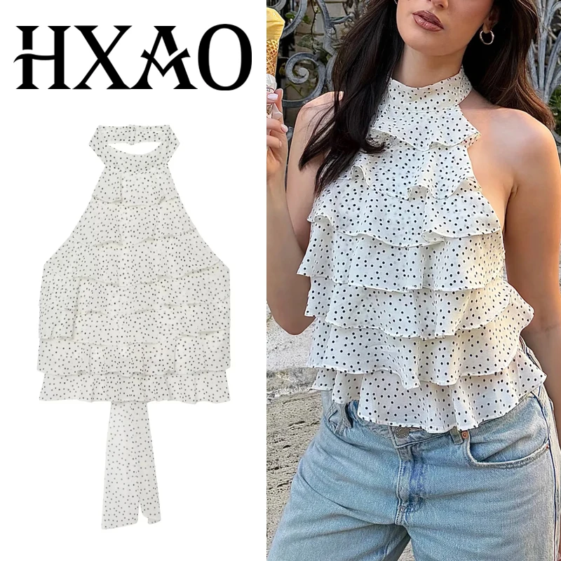 HXAO Y2K Polka Dot Tops für Damen, Sommer Crop Halter Top, Weiß, Ärmellos, Rückenfrei, Sexy Ausgeh-Top, 2026 Resort Strandmode