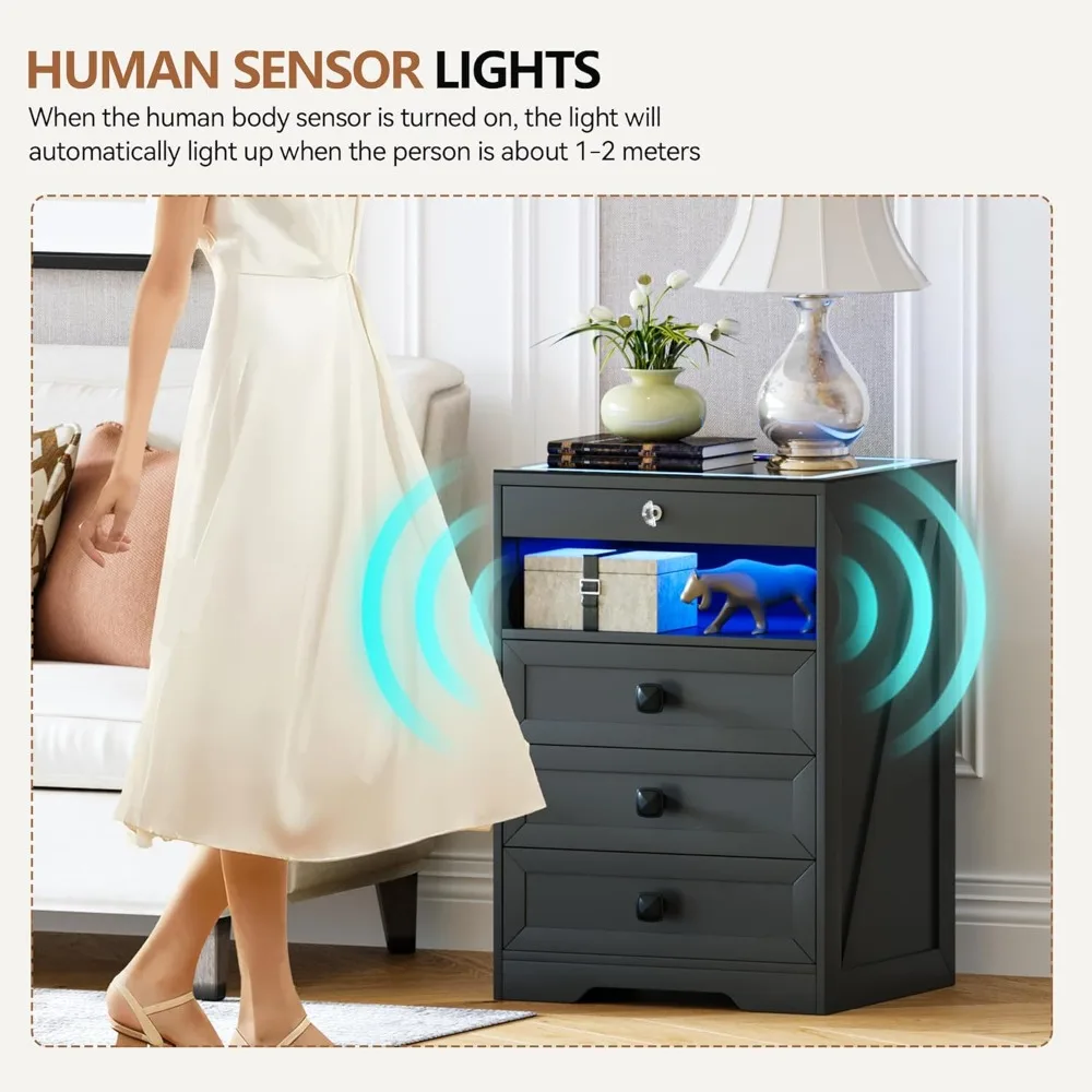 隠し引き出し付きLEDナイトスタンド、充電ステーション付きロック可能なナイトスタンド、自動センサーライト付きベッドサイドテーブル、寝室、グレー