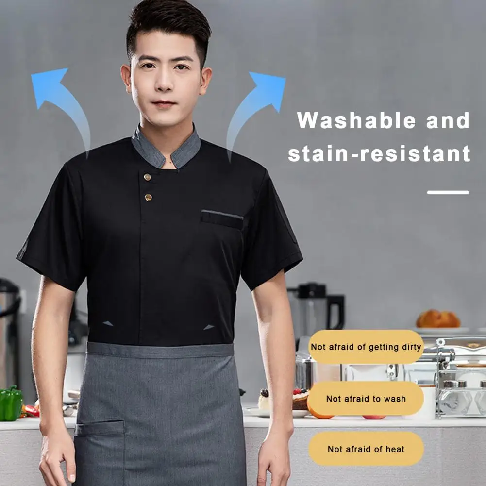 Uniforme de Chef transpirable para hombre y mujer, chaqueta de Chef resistente a las manchas para cocina, panadería, restaurante, manga corta, cuello levantado Unisex