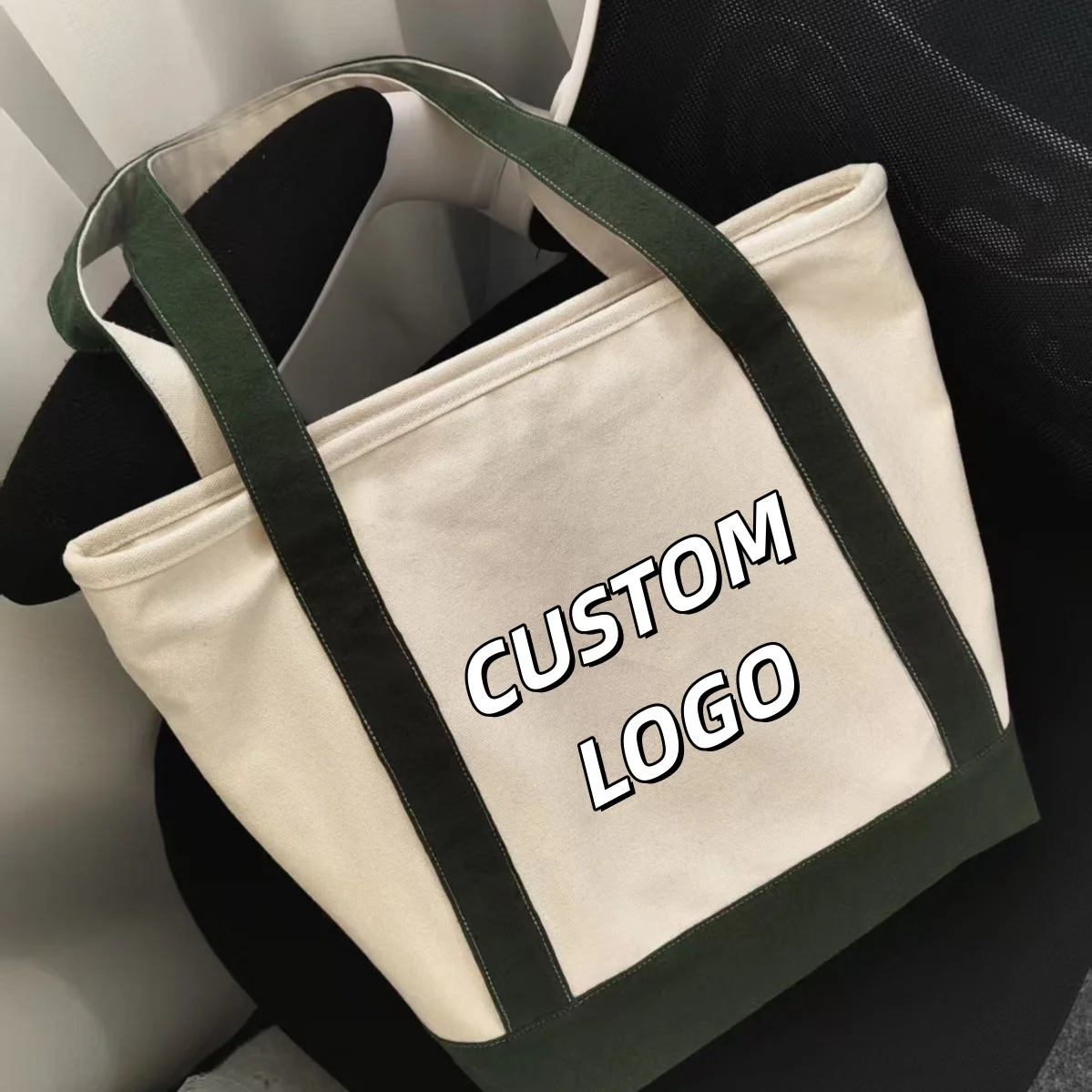 Custom Logo Canvas Tote Bag, Contrast Color Handle Large Capacity Shoulder Bag, Reusable Shopping Handbag for Daily Work Travel