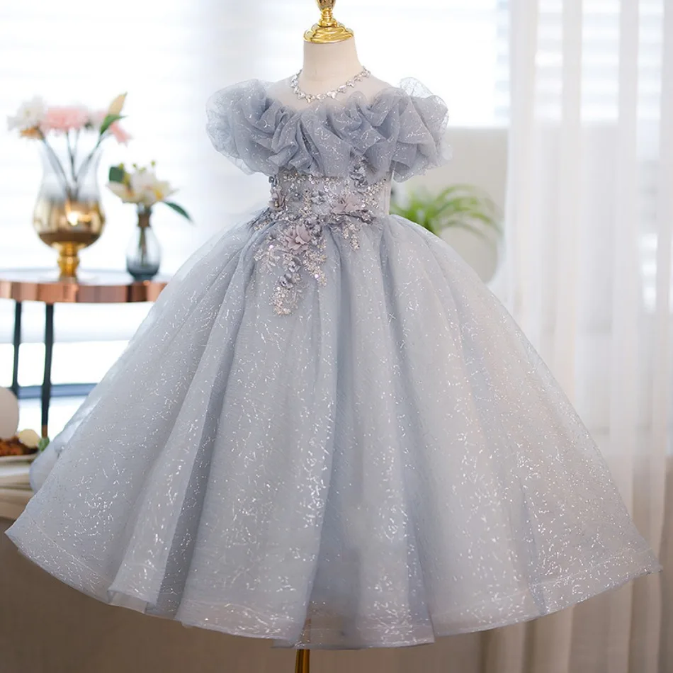 Girls Grey Shiny Ball Gown Baby Flower Teen Girl Dresses Appliques Sequins Children Prom Birthday Party Gowns Formal Host Dress