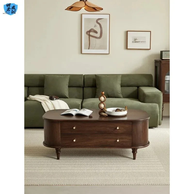 d1 American Style Light Luxury All-Solid Wood Coffee Table Oval Small Apartment Simple Living Room Drawer Storage Tea Table