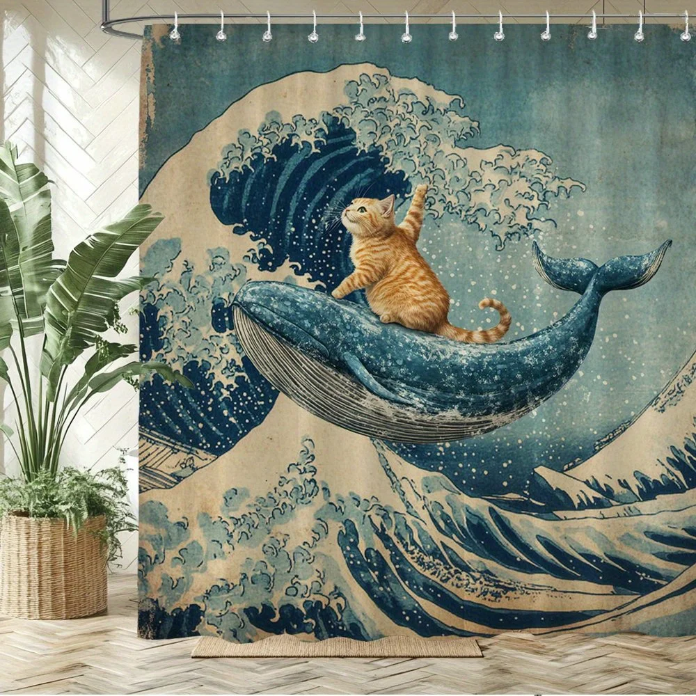 1pc Playful Orange Tabby Cat & Blue Whale Shower Curtain - Japanese Ukiyo-e Seascape Art, Whimsical Ocean Theme Bathroom Decor,