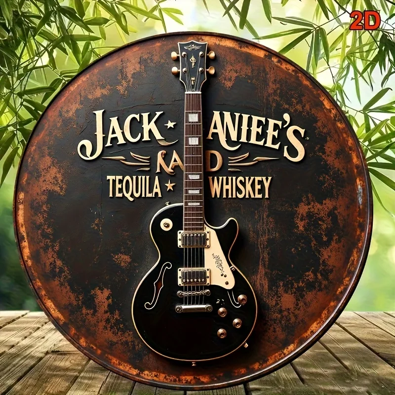 Letrero Metálico 2D de Jack Daniel's Whiskey y Tequila, Guitarra, Estilo Rústico, Vintage, Retro, para Bar, Pub, Decoración de Pared con Temática Musical para Hogar, Garaje