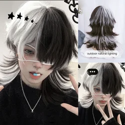 16Inch Black Highlight White Color Handsome Synthetic Wig With Bang Medium Natural Wavy Hair Wig for Man or Women Heat Resistant