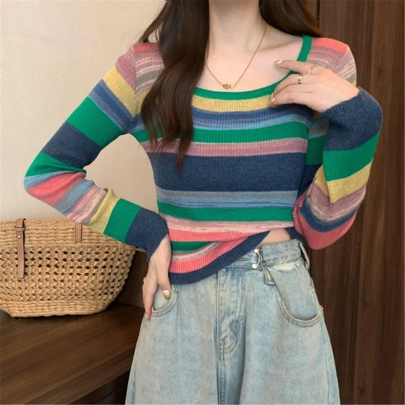 Autumn Spring Long Sleeve Striped Pullover Women Sweater Knitted Sweaters Square-neck Tops Stripe Jumper Female Costume Dropship