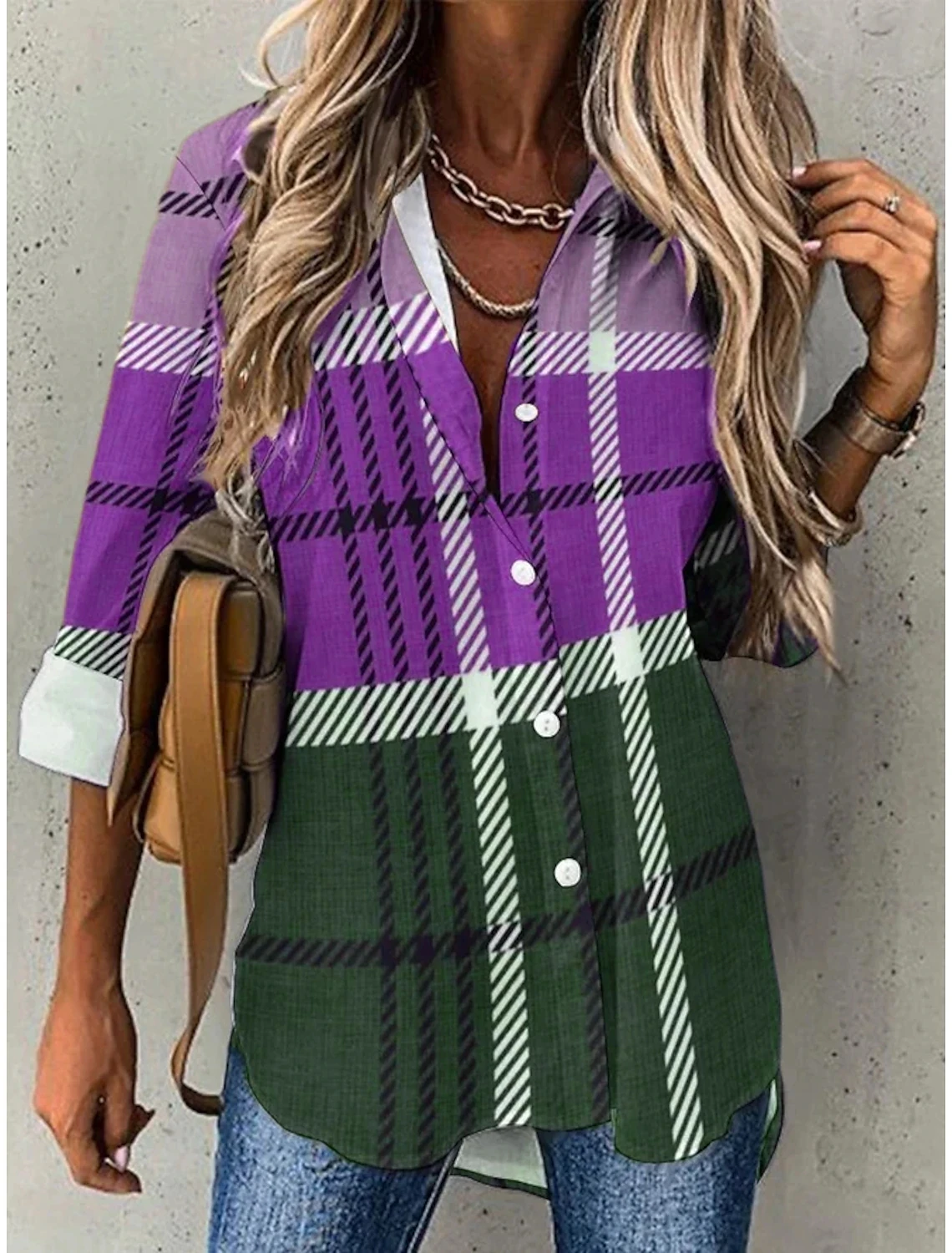 Mcdv Brown Plaid Shirts and Tops Women\'s Streetwear Plaid Casual Fall Long Sleeve Tops Single Breasted Oversized Shirt Women\'s