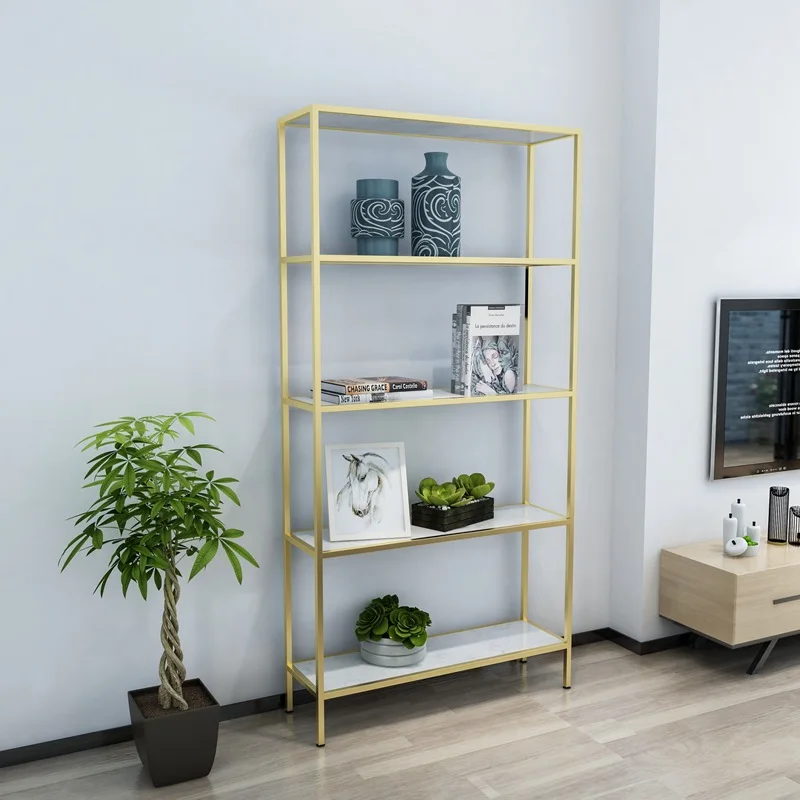Nordic creative wrought iron floor simple floor rack by the window, living room gold display rack
