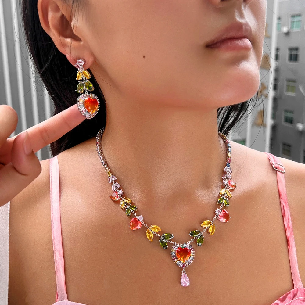 Pera Gorgeous Multicolor CZ Crystal Big Red Heart Drop Necklace and Earrings Sets Bridal Wedding Party Costume Jewelry Gift J372