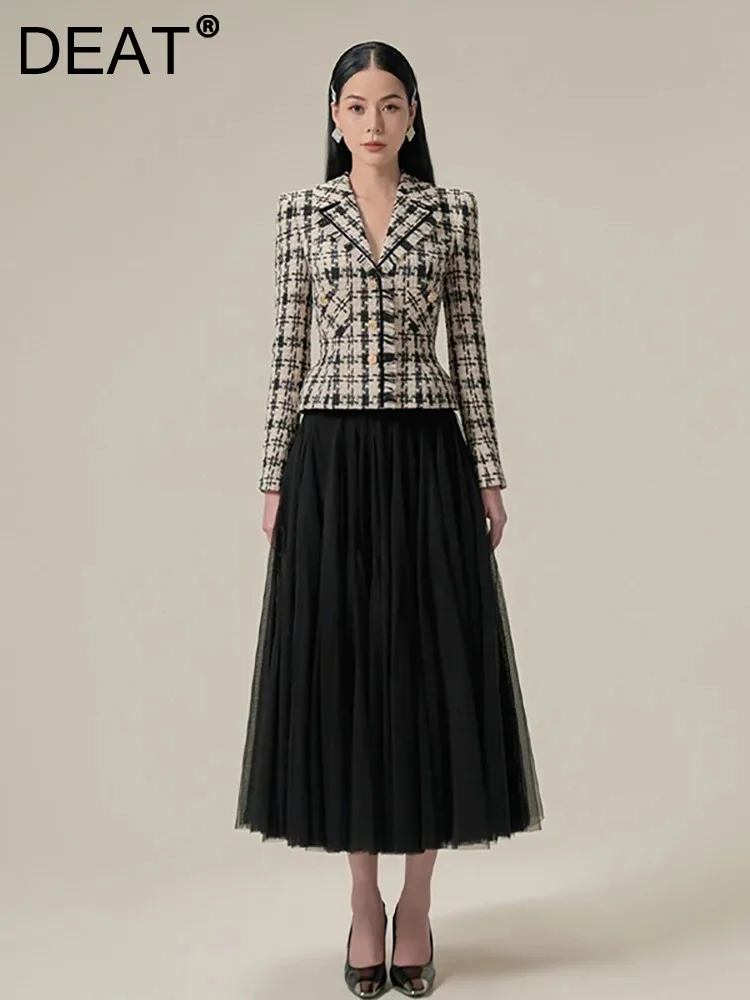 DEAT Elegant 2 Pcs Set Notched Collar Waist Single Breasted Burrs Plaid Blazer Elastic Gauze Skirt Suit Autumn 2024 New 13DB3396