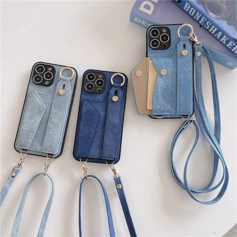 Fashion Card Pocket Wallet phone Case For Apple iPhone 15 pro 14 11 12 13 Pro Max cases denim Leather Anti-fall Wrist band Cover