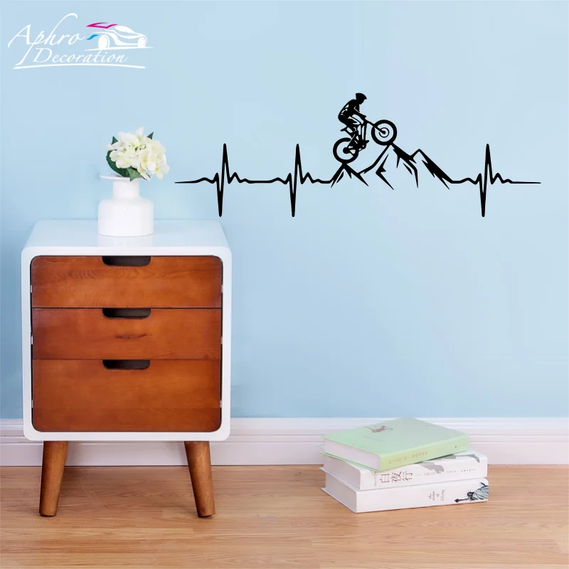 MTB Mountain Bike Heartbeat Wall Decal Living Room Bedroom Man Mountain Biker Downhill Bicycle Wall Sticker Playroom Vinyl