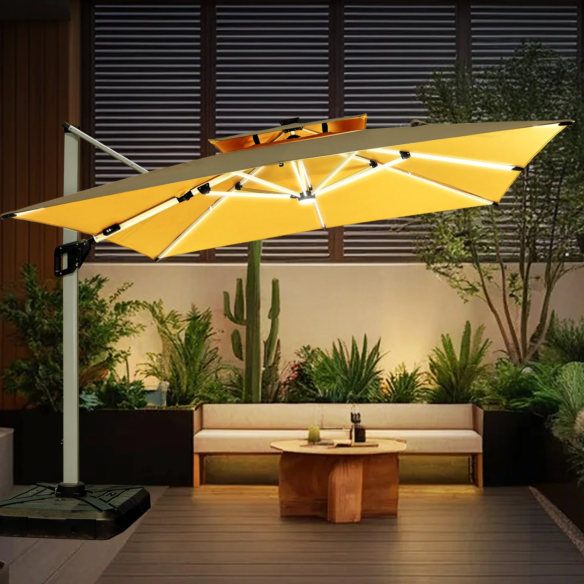 10ft Square Outdoor Umbrella & Base Coffee  Parasol Market Umbrella Led Light