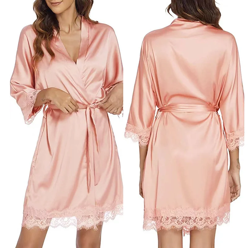 Women\'s New Robe Sexy Nightgown Ice Silk Underwear Home Lace Robe Bathrobe Sexy Ice Silk Large Size Pajama Dress Home Wear