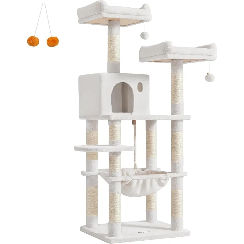 Cat Tree, 56.3-Inch Cat Tower for Indoor Cats, Multi-Level Cat Condo with 11 Scratching Posts, 2 Perches, Cave, Hammock