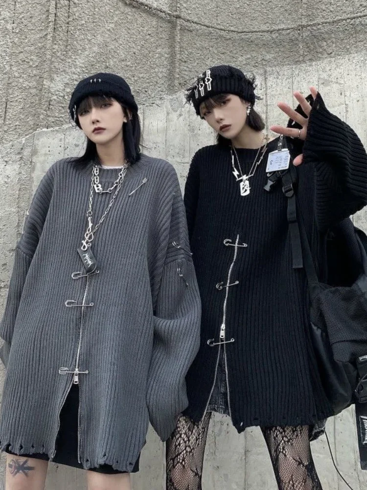 QWEEK-Camisolas de malha Harajuku gótica feminina com zíper, streetwear da moda coreana, top de malha punk gótica, outono, 2022