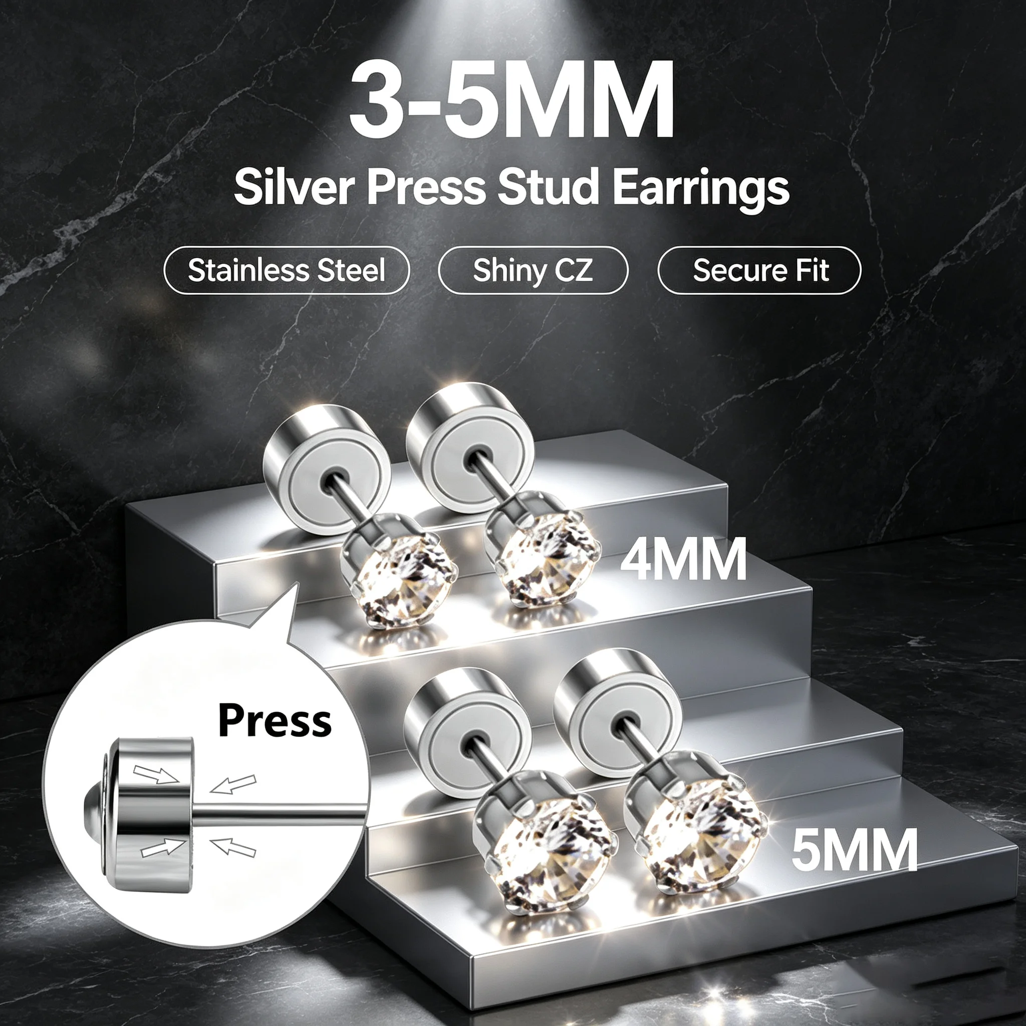 3-5MM Six-Claw CZ Press Stud Earrings, Stainless Steel Anti-allergy Cartilage Piercing Earrings Minimalist Daily Ear Jewelry