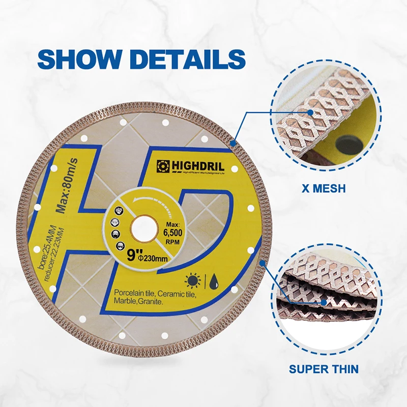 HIGHDRIL X Mesh Saw Blades Cutting Disc 1pc Dia230mm/9inch  For Ceramic Marble Tile Granite Diamond Dry 25.4mm Angle Grinder