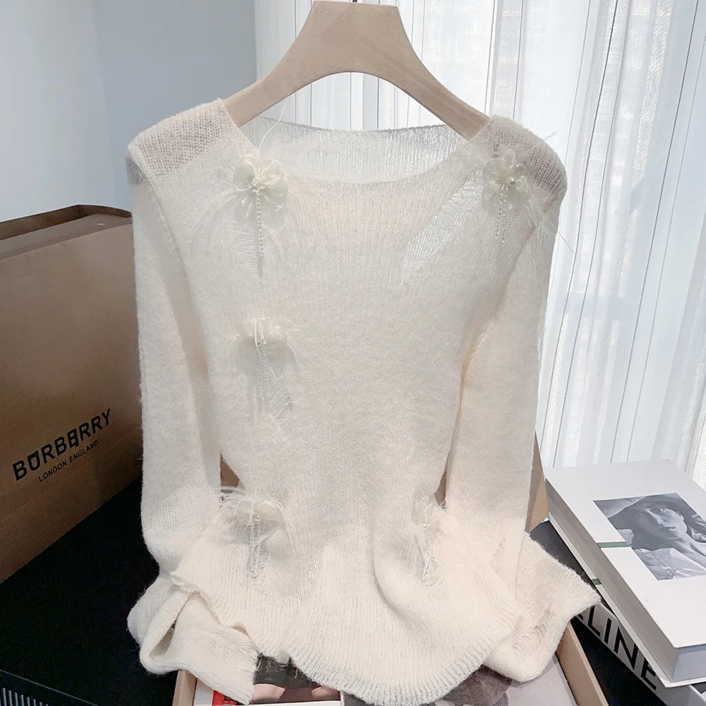 

Ранняя осень, горячая распродажа сезона, новый стиль, вязаный свитер с бисером и перьями, элегантный универсальный топ с эффектом похудения