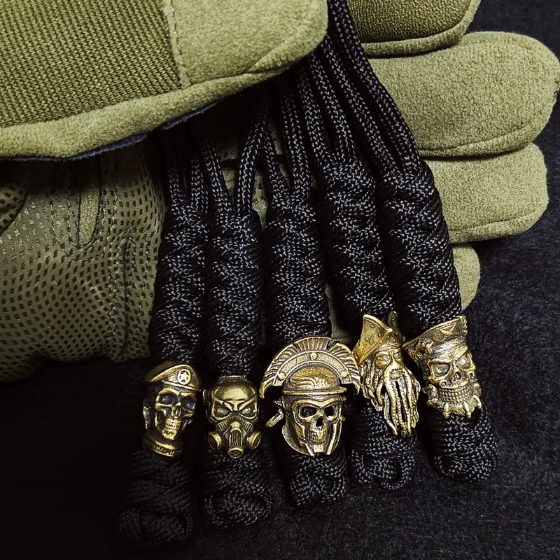 Paracord-cordón de cuentas de latón con cabeza de Calavera, colgante DIY EDC, herramienta para exteriores, paraguas, cuerda tejida, cuchillo,