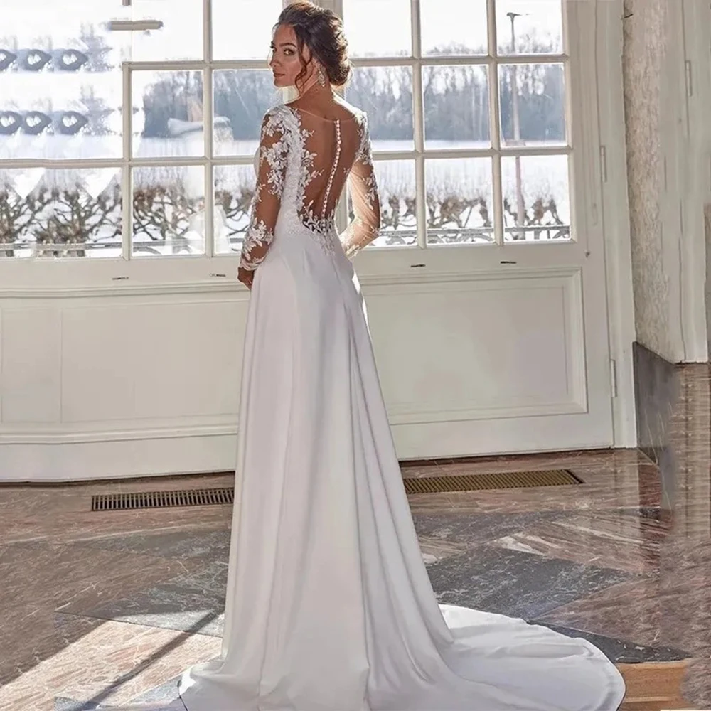 Msikoods – robe de mariée trapèze en Satin, style Boho, manches longues, avec des Appliques en dentelle, transparente, boutons, Sexy, pour femmes