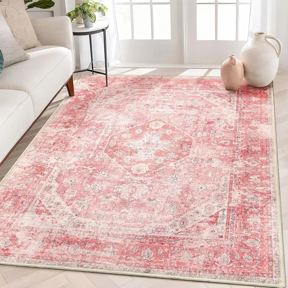 

Light Pink Floral 5x7 Area Rugs for Bedroom, Boho Style, Washable, Non-Slip Carpet for Living Room, Soft Decor for Girls' Rooms