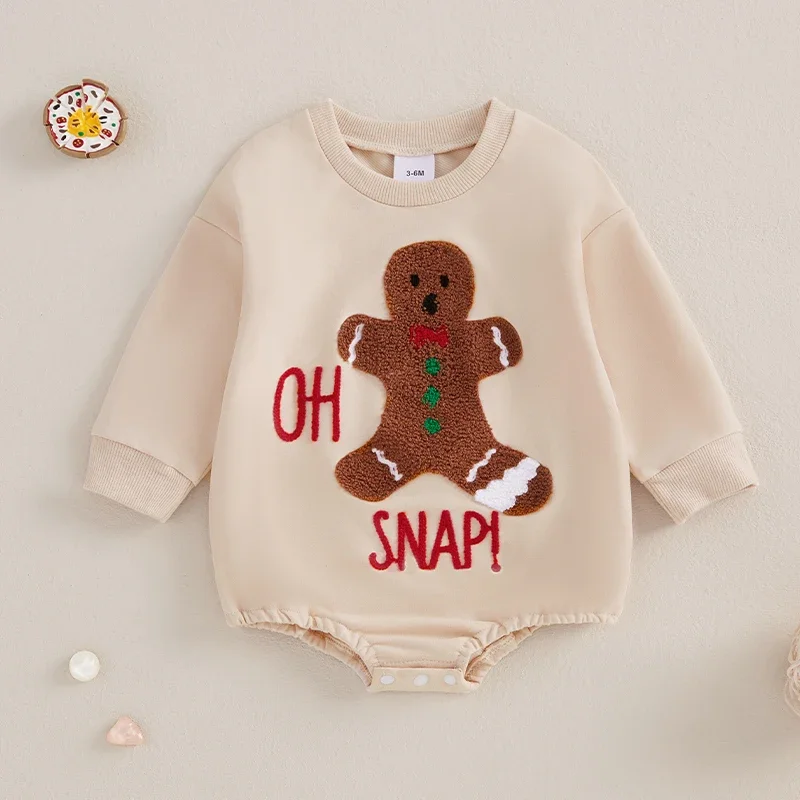 Newborn Baby Boys Girls Christmas Clothes Long Sleeve O Neck Gingerbread Man Embroidery Sweatshirts Rompers Jumpsuits Playsuit