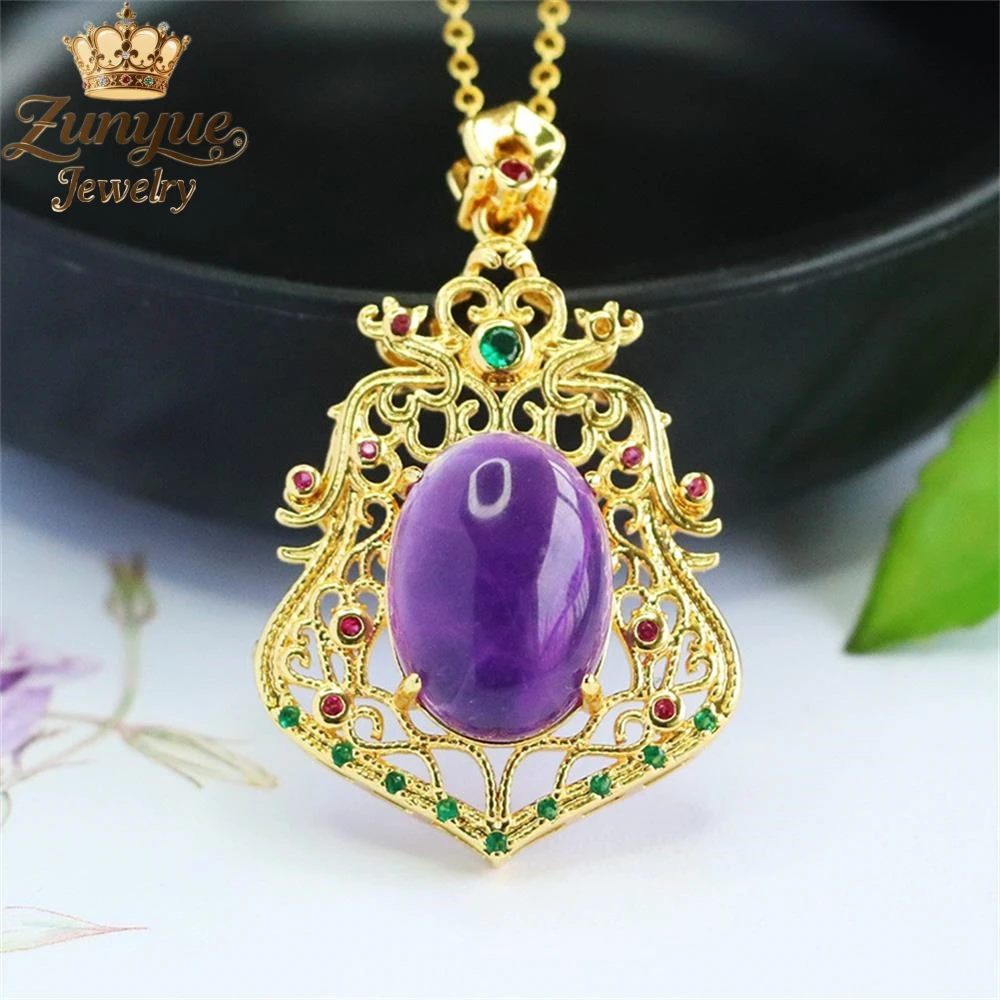 

Natural Amethyst Colored Gemstone With Hollowed-Out Retro Ruyi Pattern Pendant Luxury Fashion Quality Jewelry Exquisite Elegant