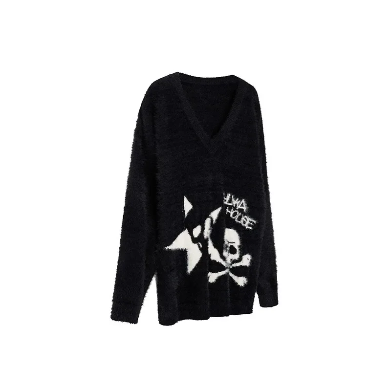 V-neck Black Gothic Sweater Streetwear Retro Punk Skeleton Loose Women Spring Summer Y2k Grunge Vintage Loose Pullovers Jumpers