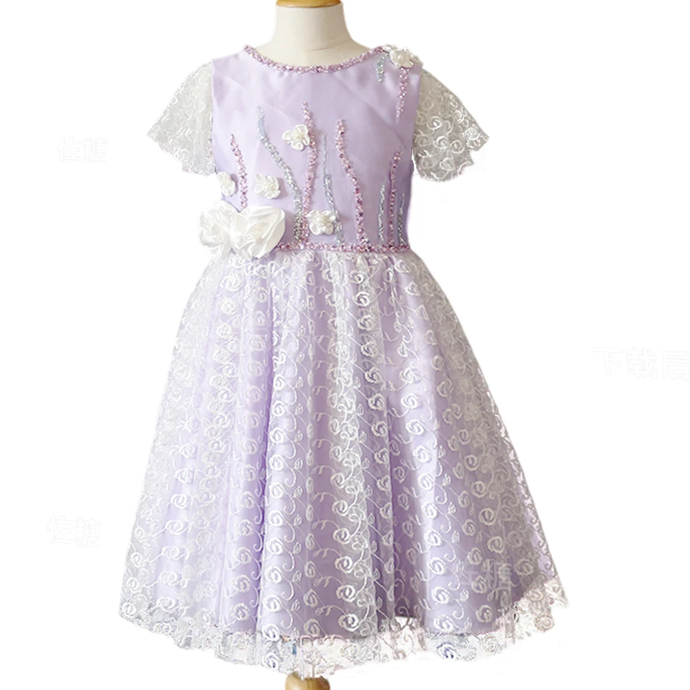 Custom-made Beaded Ivory Lace Lilac Satin Baby Girls Party Dress for Wedding Christmas Ceremonial Dress for 1-14-Year-old Kids