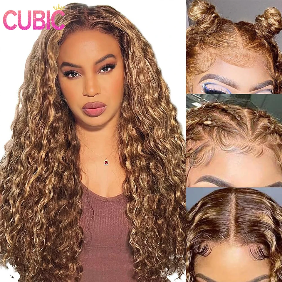 Perruque Lace Front Wig Deep Curly naturelle, cheveux humains, blond miel ombré, pre-plucked, avec baby hair, 4/27 13tage HD