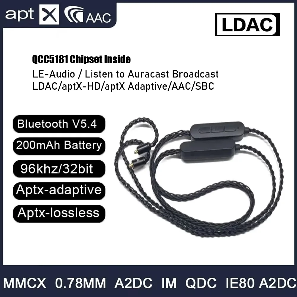 QCC5181 Neckband Wireless Audio Cable MMCX/2PIN 0.78 IEM Bluetooth Cable Auracast/LE-Audio/LDAC/aptX Adaptive/HD USB-C with Mic