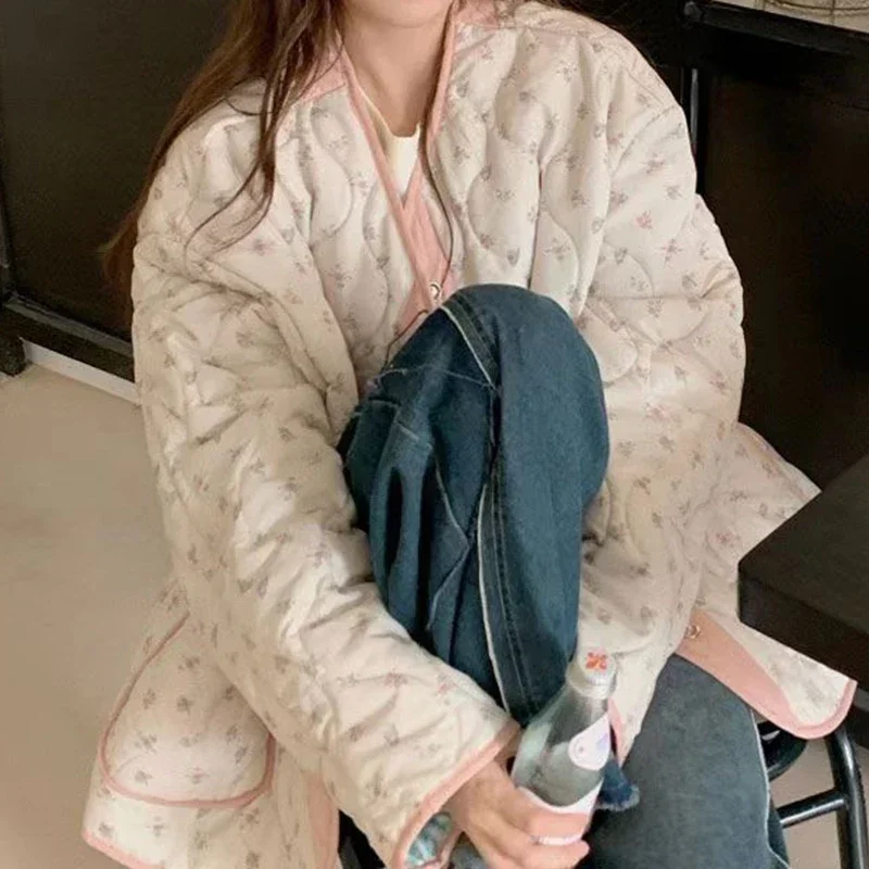 Women's Autumn and Winter Plus Cotton Coats on Both Sides.Retro Floral Small Fresh Color Matching Plaid Cotton-padded Jacket