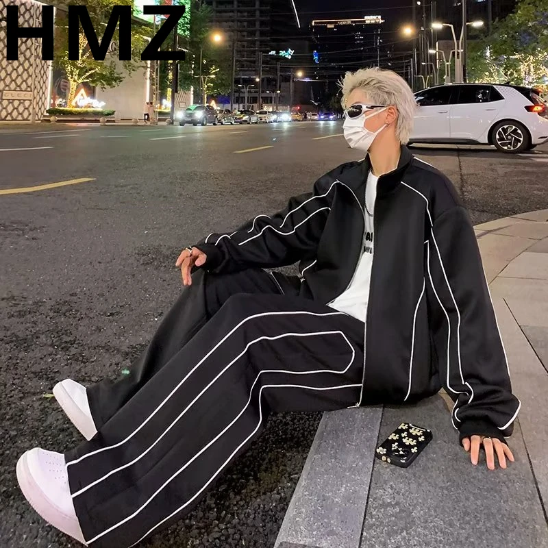 HMZ Autumn Trend Men Sport Sets Simple Stripes Sweatshirt Straight Loose Pants Fashion Male Casual Suits Solid Color Tops&Pants