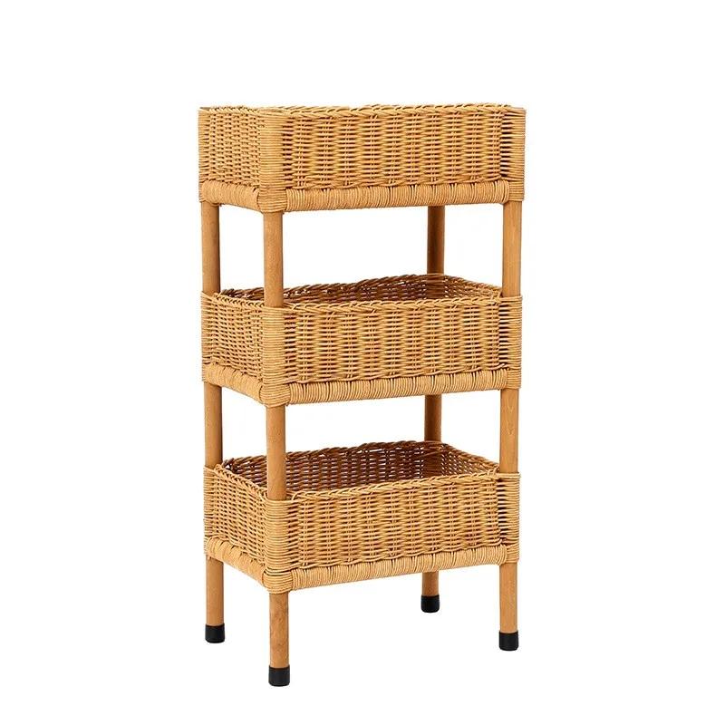 Rattan Storage Rack Floor Standing 3-Tier Fixed Basket Shelf Handwoven Modern Minimalist Organizer for Living Room 5