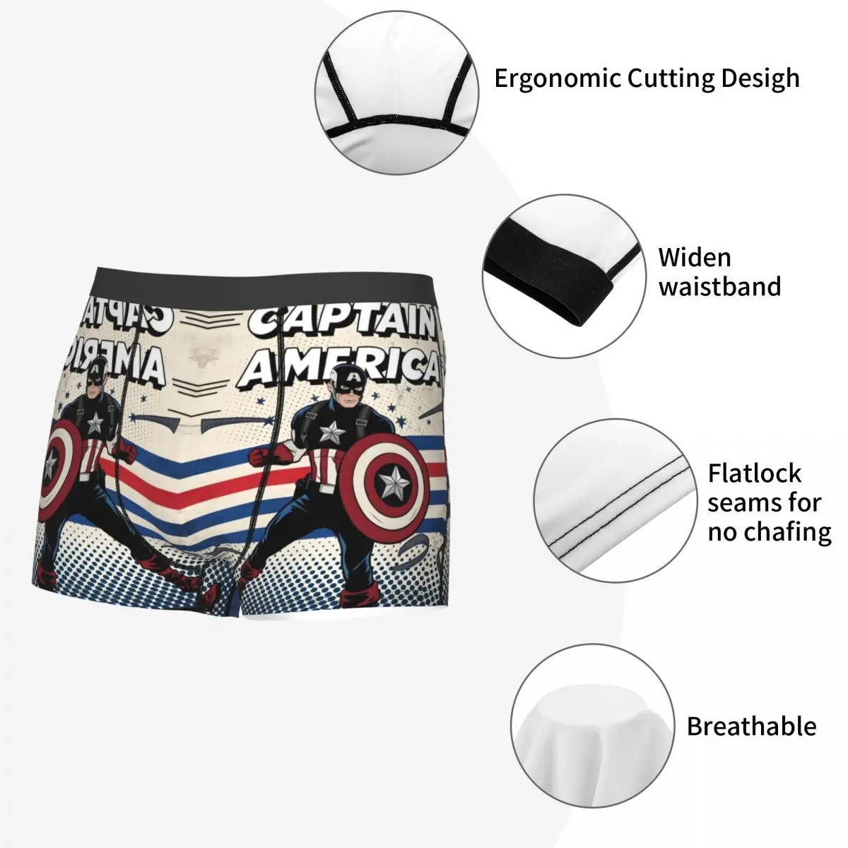 사용자 정의 만화 캡틴 아메리카 속옷 남자 인쇄 멋진 슈퍼 히어로 복서 팬티 반바지 팬티 통기성 속옷