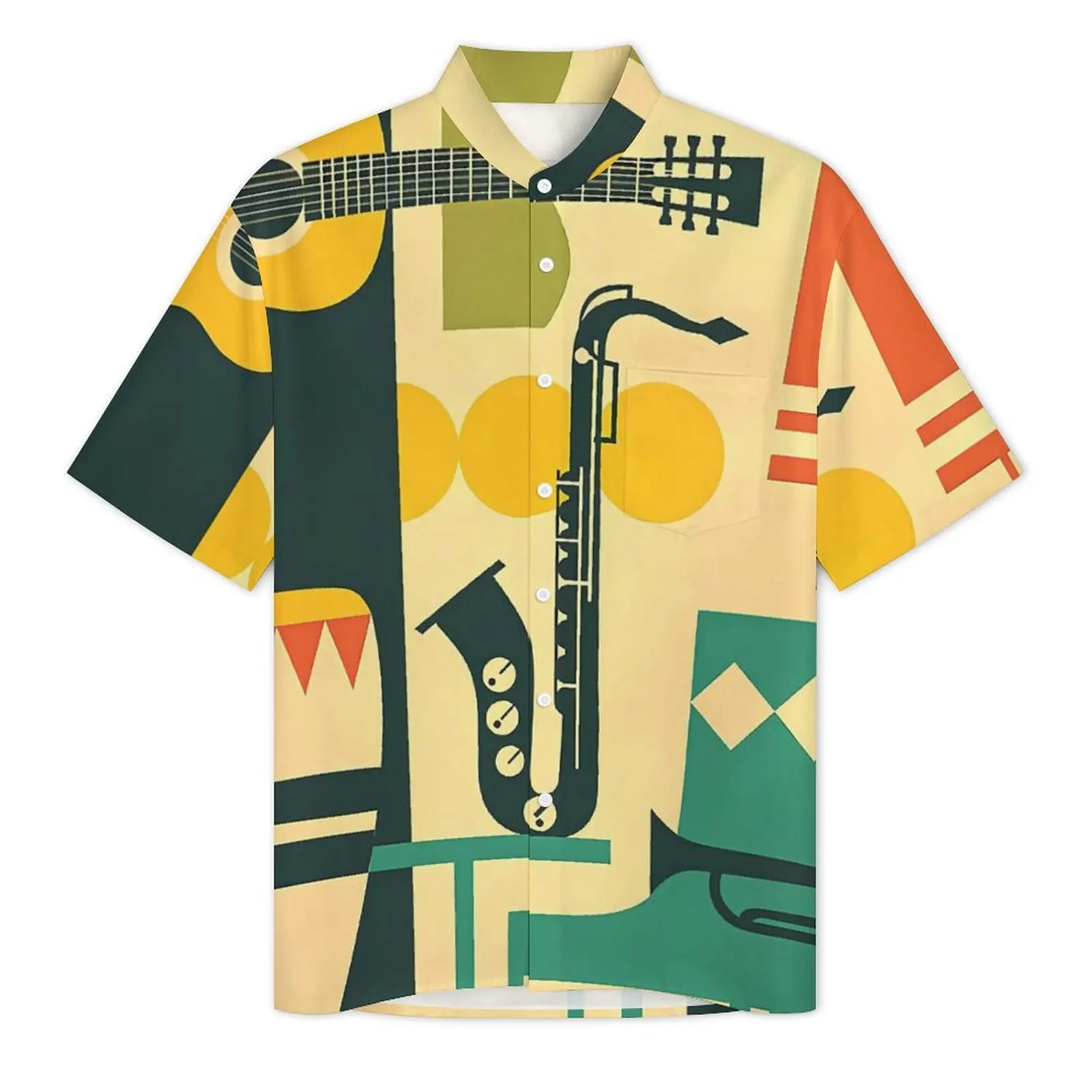 Musical Guitar Train Hawaiian Shirt For Men Vacation Jazz Music Casual Shirts Short-Sleeve Harajuku Vintage Oversize Blouses