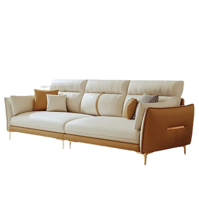 The first-layer cowhide sofa is simple, modern light luxury living room, small apartment, three-person color matching leather