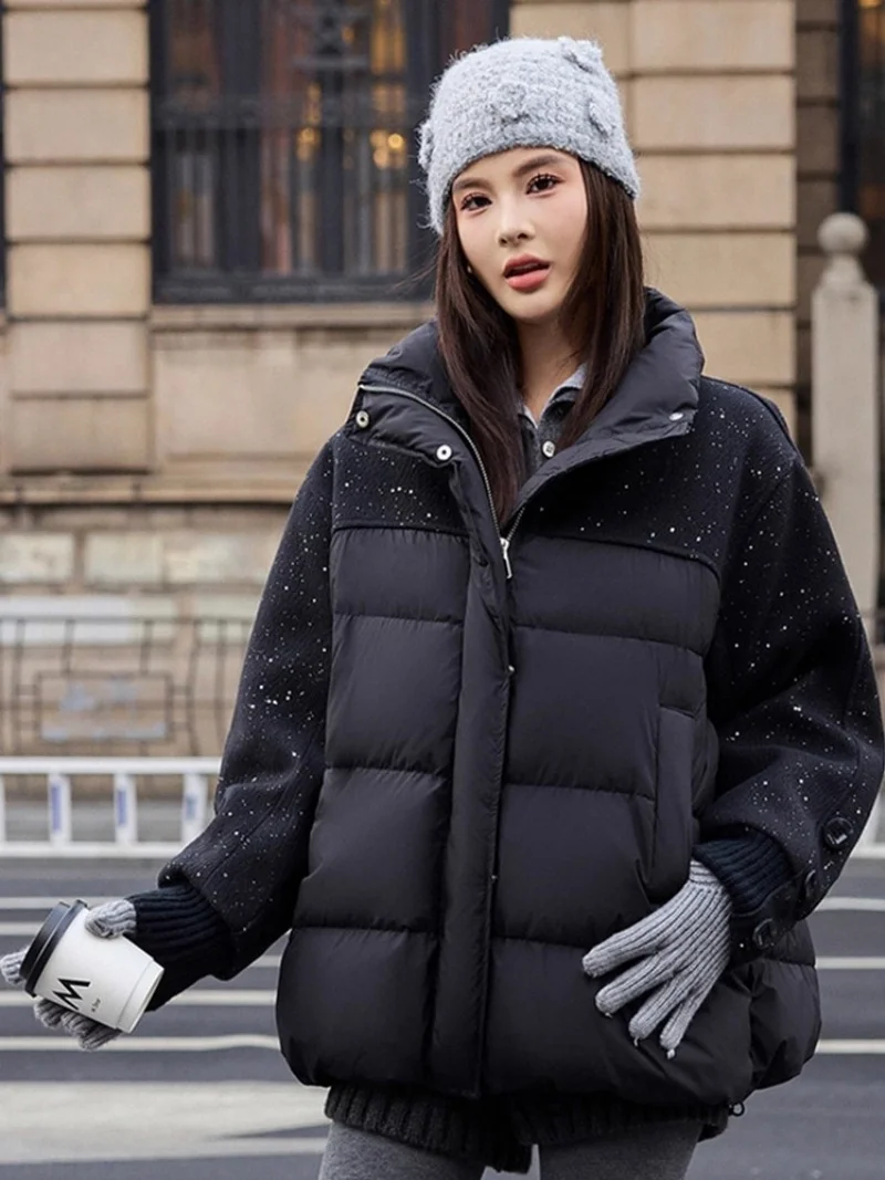 

2025 зимняя новая шерстяная куртка с пайетками, женское хлопковое пальто с цветными блоками, повседневная свободная верхняя одежда большого размера W926