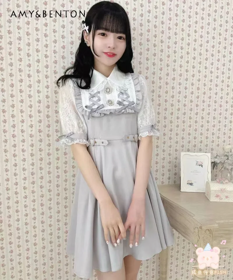 Japanese RJ Sweet Rhinestone Lapel Short Sleeve Lolita Dress Summer Mine Series Mass-Produced Cute Heart Buckle Sli A-line Dress