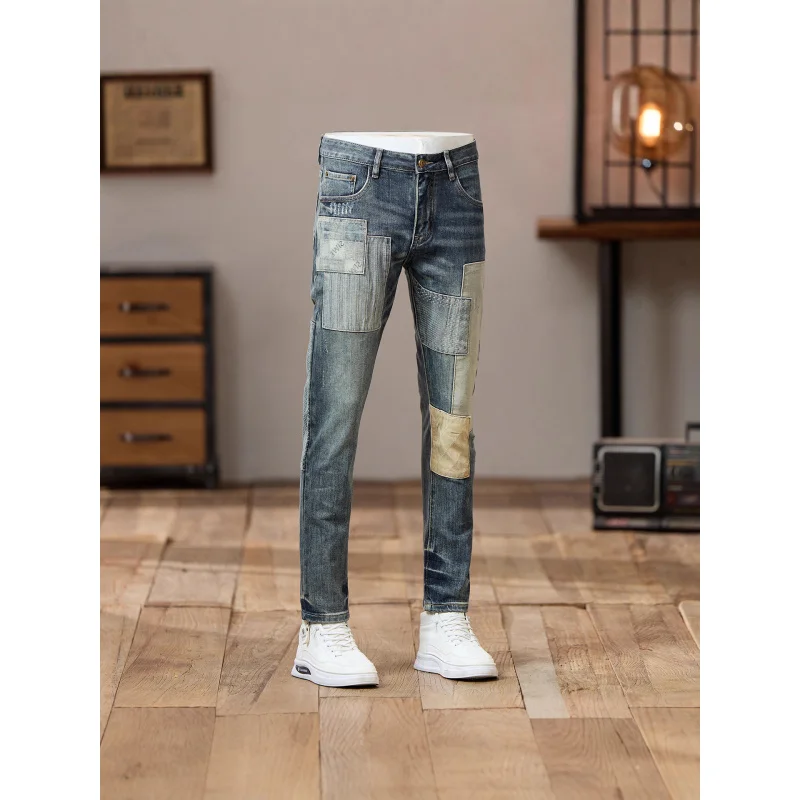 Vaqueros vaqueros de tela empalmada para hombre en otoño de 2025, nueva tendencia urbana, pantalones de pierna pequeños ajustados retro y frescos