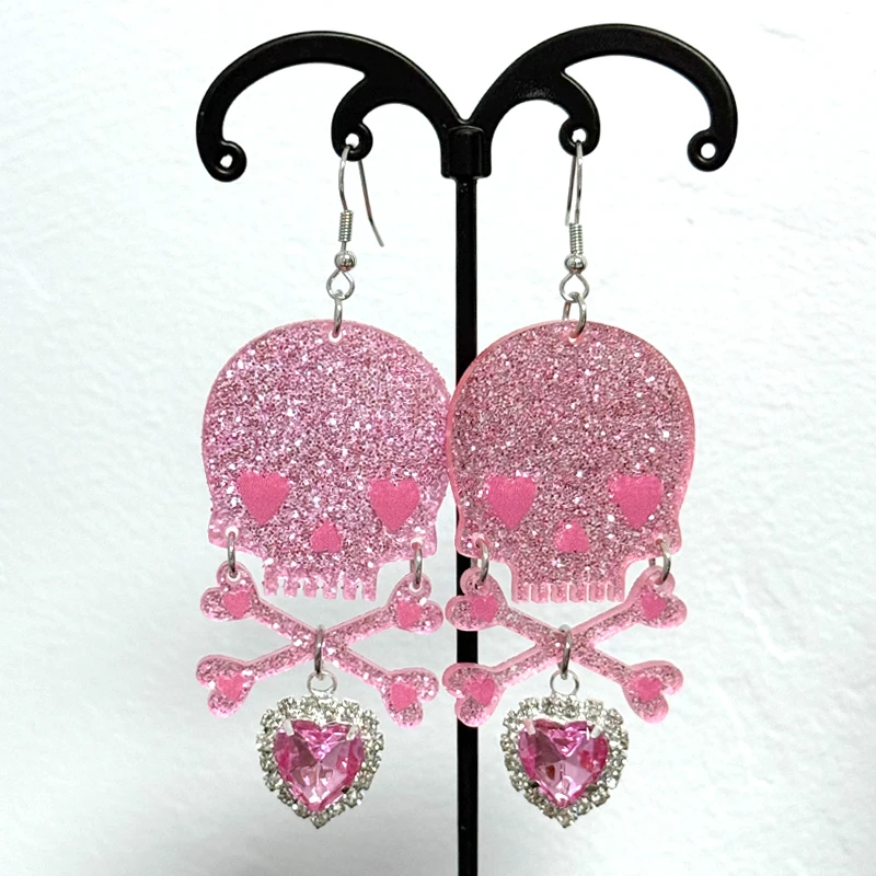 Y2K Schmuck Glänzende Rosa Herz-Totenkopf-Ohrringe für Frauen Punk Mode Ästhetische Kristall-Tropfenohrringe Accessoires Goth E-Girls