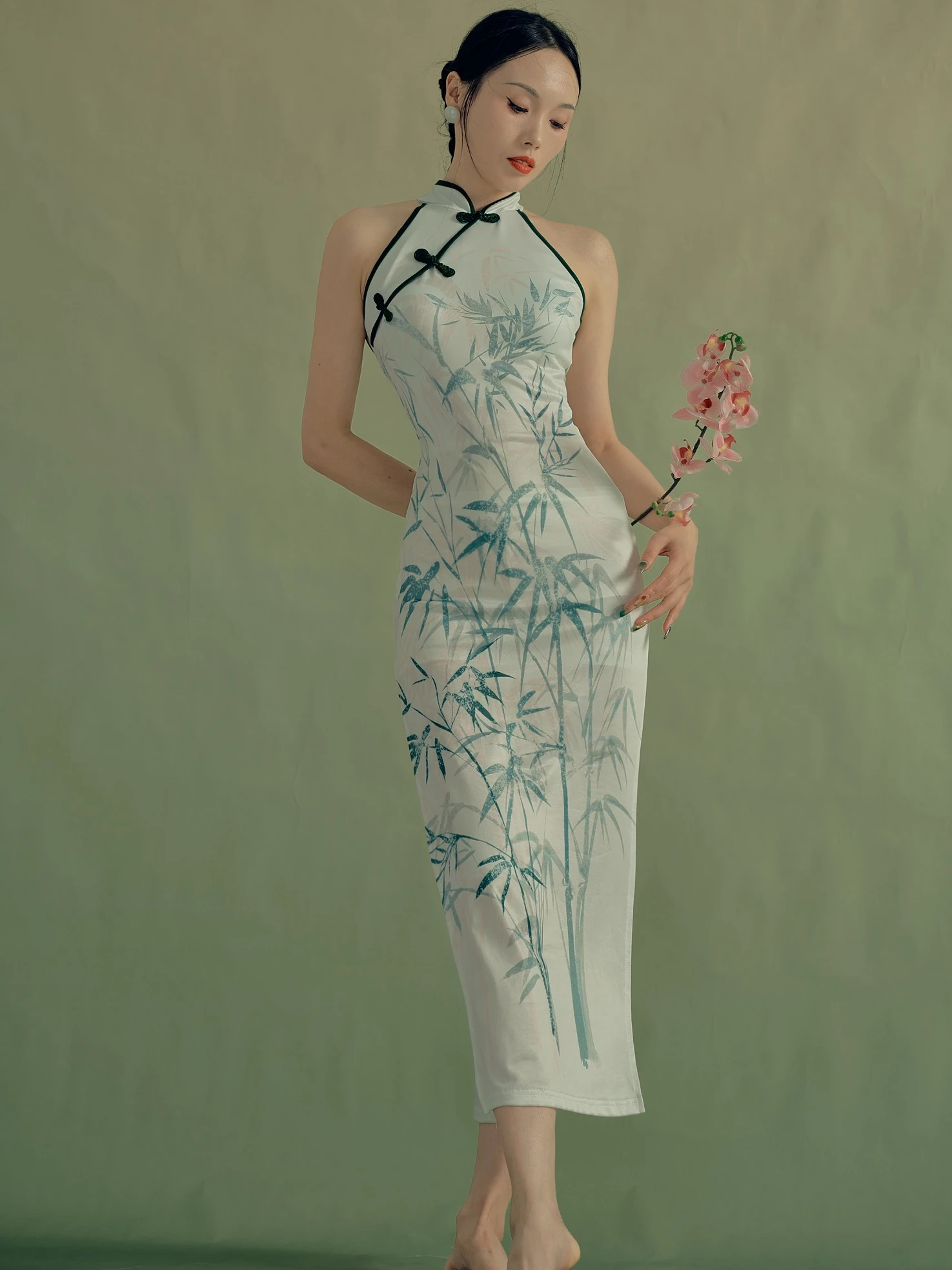 

Ele Bal Printed Elastic Qipao Dance Suit Practice orm Traditional Chinese Sle Bamboo Pattern New Revamped Version